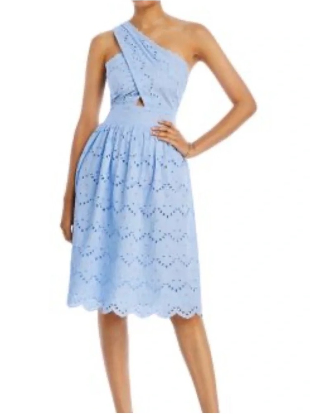 French Connection One-Shoulder Light Blue Eyelet Midi Dress